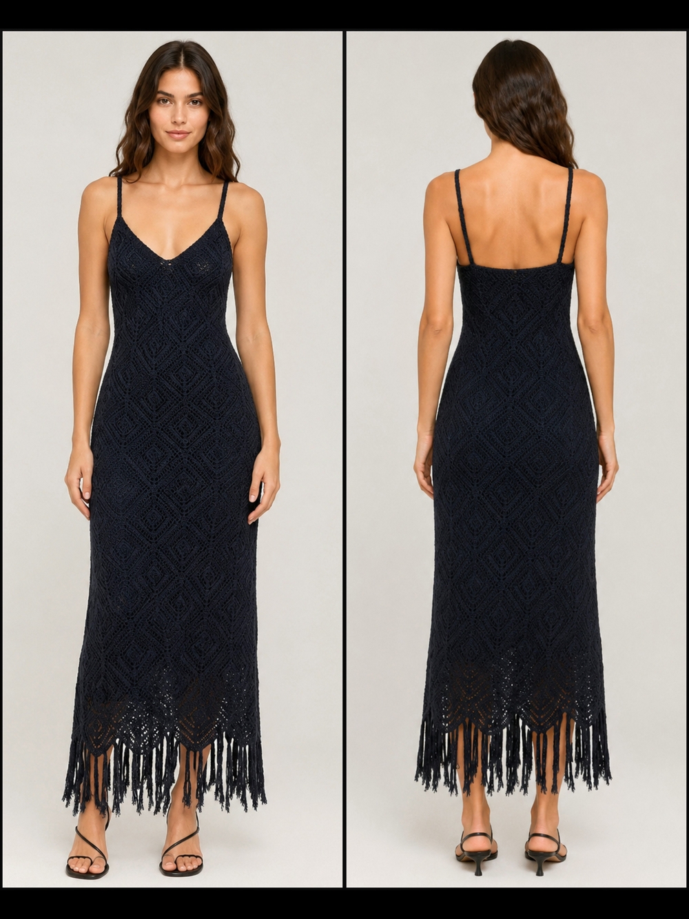 Womens Black Crochet Fringe Boho Maxi Dress Size M